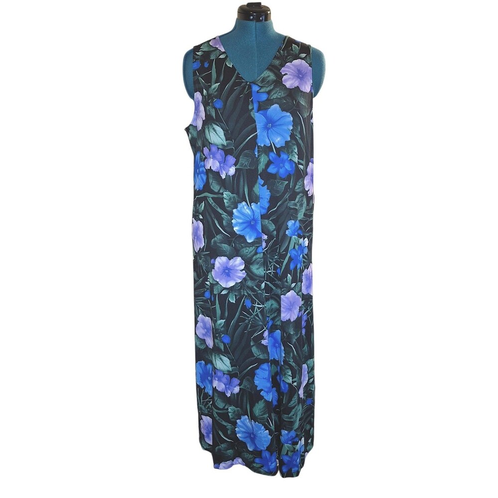 Stan Herman Silky Jersey Lounge Dress Hibiscus Sz L Black A346777 Women ZZ19